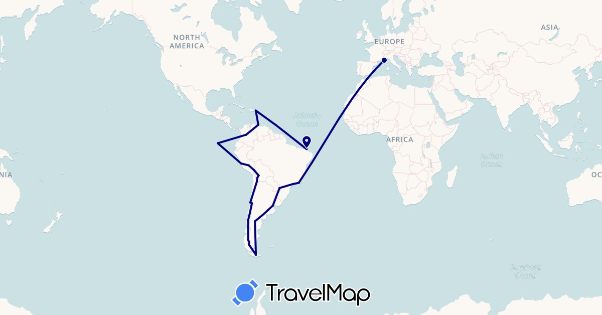 TravelMap itinerary: driving in Argentina, Bolivia, Brazil, Chile, Colombia, Dominican Republic, Ecuador, France, Peru, Venezuela (Europe, North America, South America)
